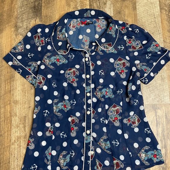 Hell Bunny Oceana Nautical Sailor blouse polka dot anchor print Size small - Picture 6 of 10